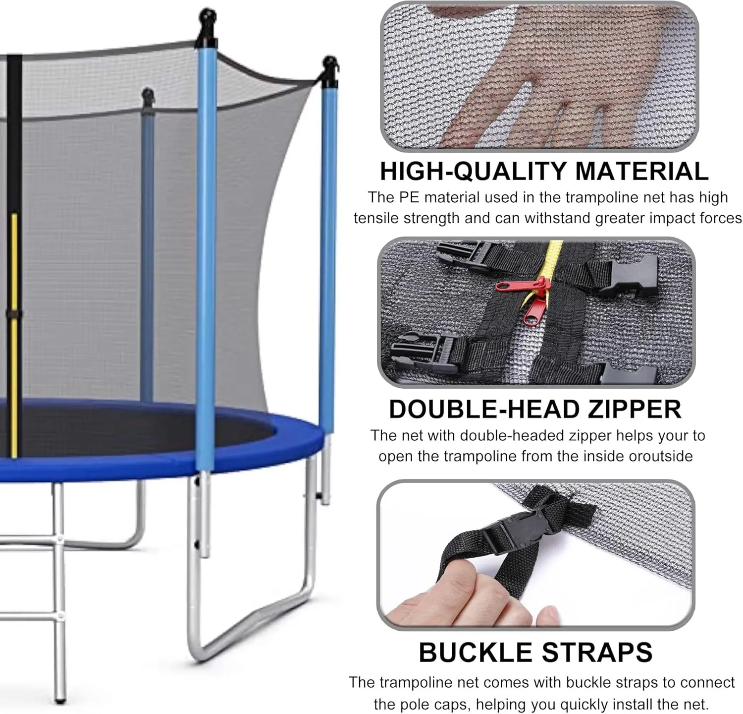 Trampoline Safety Net 6FT 8FT 10FT 12FT 14FT 15FT 16FT Round Trampoline Replacement Net for 6/8/12 Straight Poles UV-Resistant Kides Jumping Safety Enclosures Neting