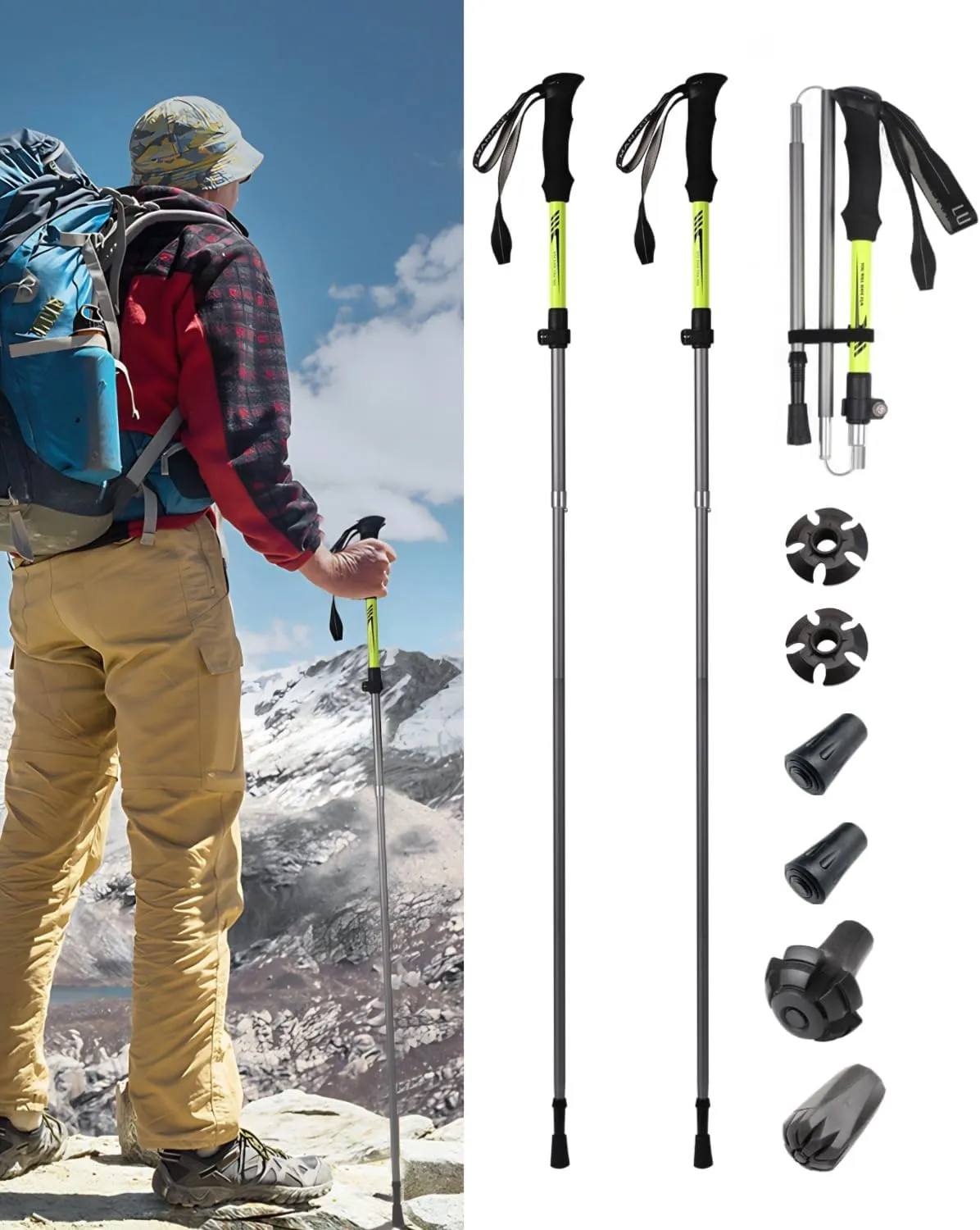 Trekking Poles 2 Pack, 7075 Aluminum Alloy Trek Poles, Adjustable 45"-53" with Anti-Shock EVA Grips, 3-Section Collapsible, 260lbs Ultralight Trekking Sticks for Snow Ice Rock Walking