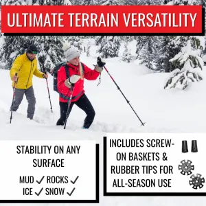 Trekking Poles – Adjustable Lightweight Hiking Poles with Snow Baskets & Carbide Tips for Winter, Rubber Tips for Summer, All-Terrain Use