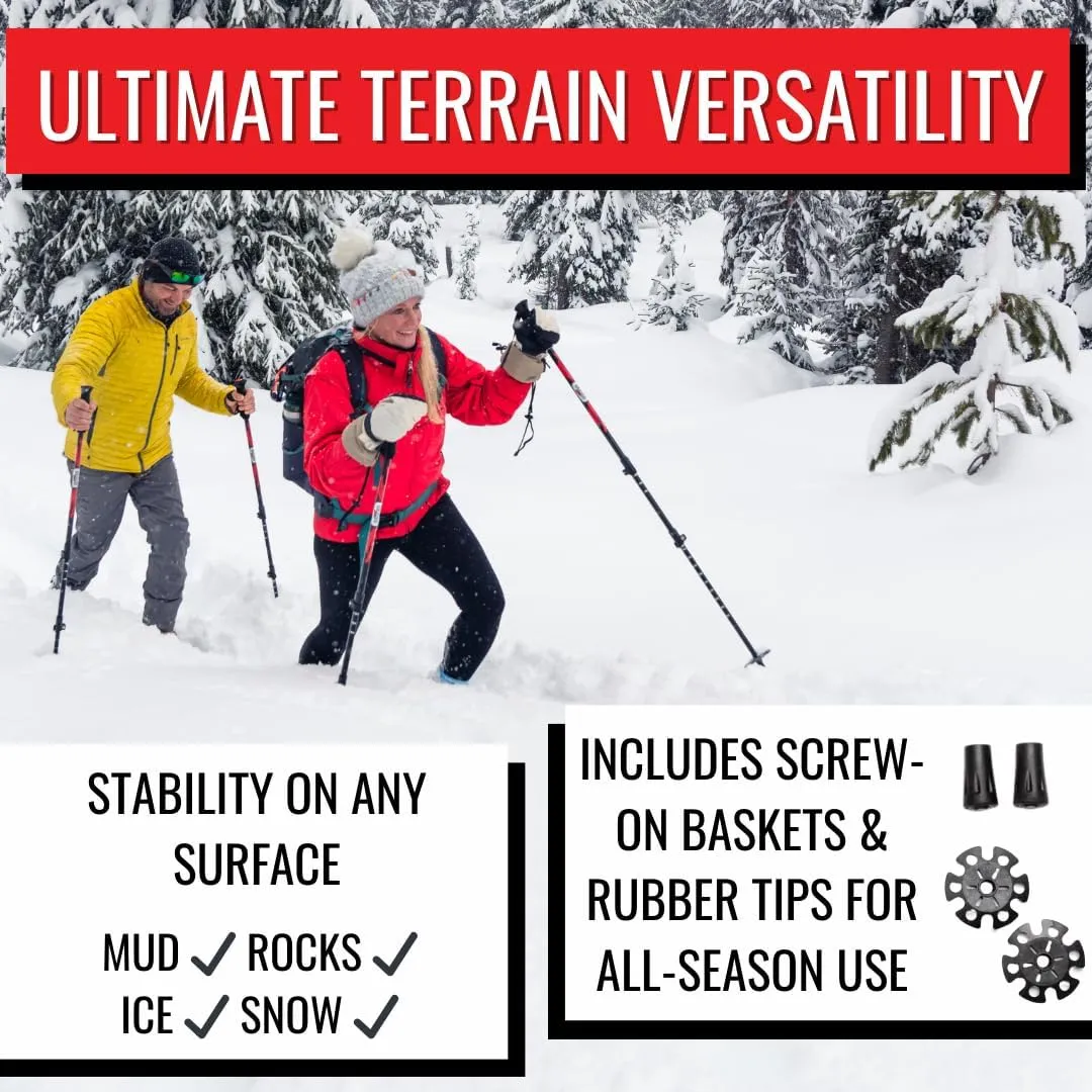 Trekking Poles – Adjustable Lightweight Hiking Poles with Snow Baskets & Carbide Tips for Winter, Rubber Tips for Summer, All-Terrain Use