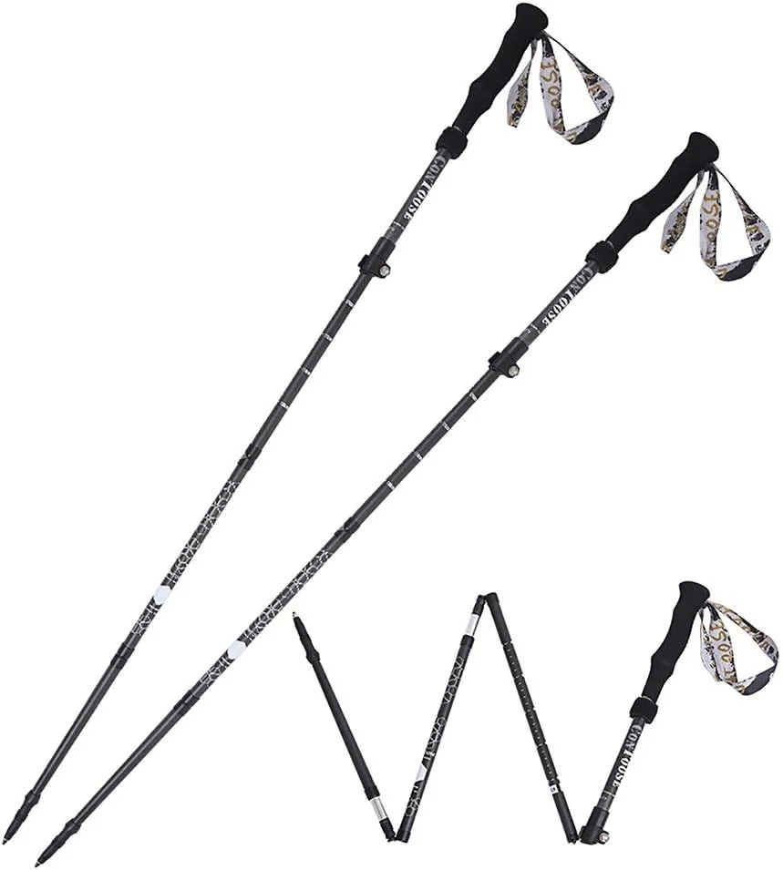 Trekking Poles Collapsible Lightweight Carbon Alloy Carbon Tungsten Steel Rod Tip Anti-Shock Absorb Ultralight Travel by Walking Ski Cross The River 2PCS Accessories&Carry Bags (Color : Red) (Black )
