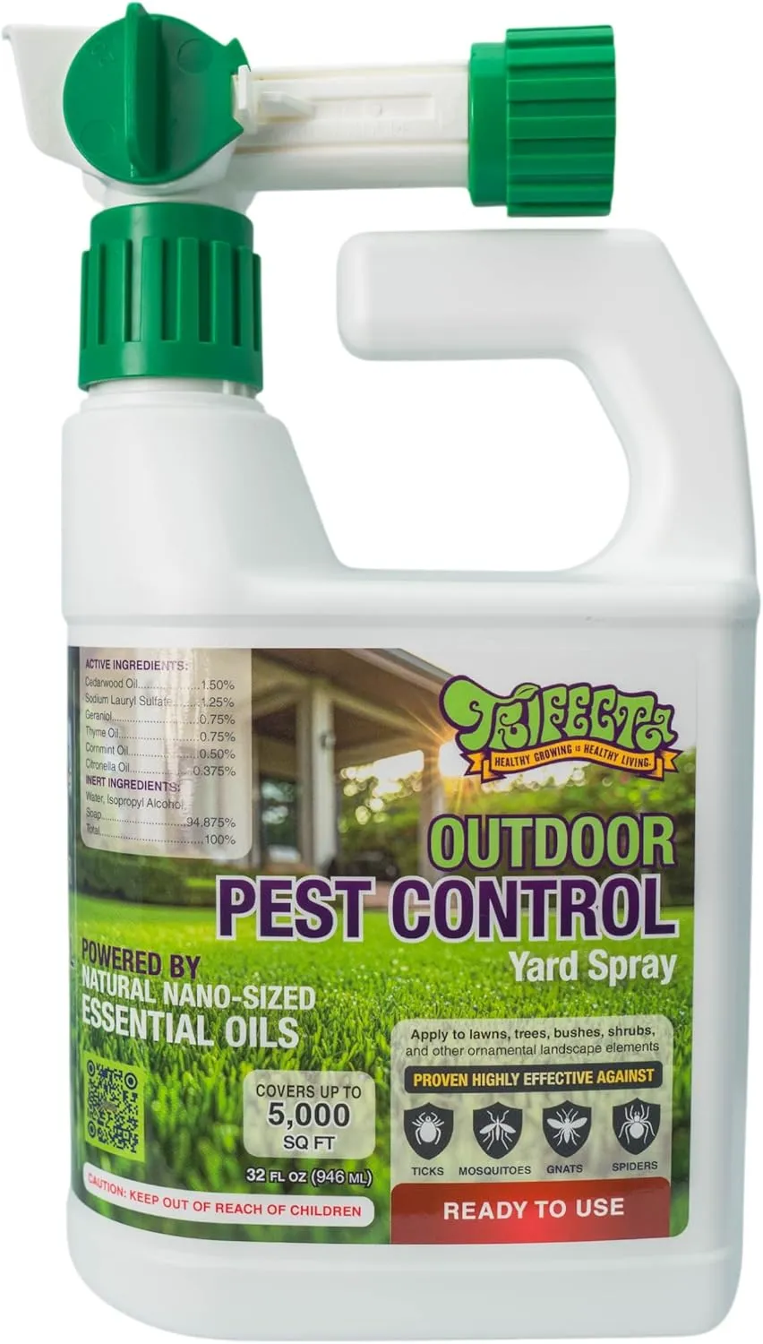 Trifecta Outdoor Pest Control | Natural Mosquito Repellent, tick, gnat, & Mosquito Backyard Control | Pet & Kid Safe | Hose-End pest Control Spray for Lawns, Trees, Bushes, Patios & More (32oz RTU)
