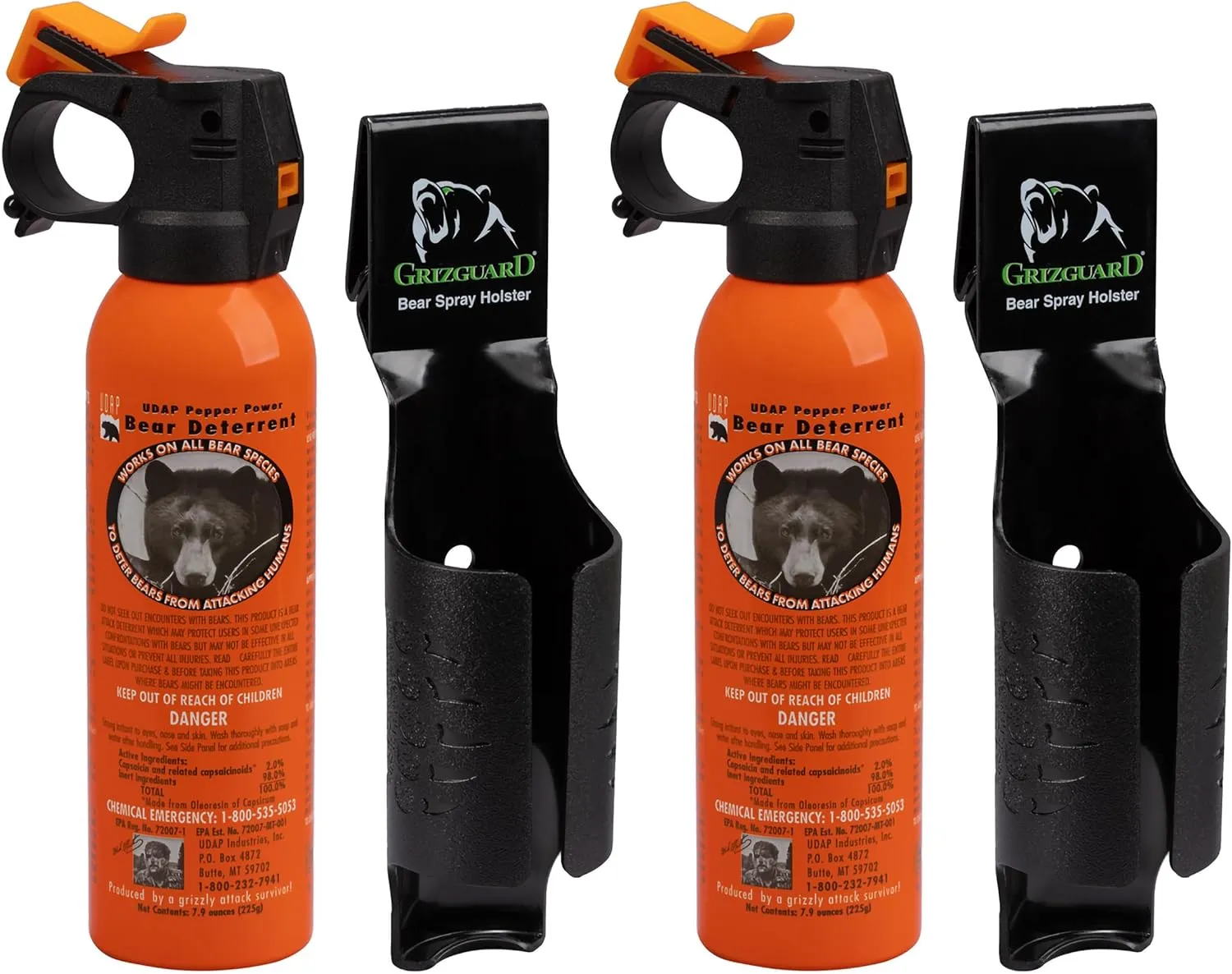 UDAP Pepper Power Bear Spray Self Defense Deterrent with Griz Guard Holster for Camping, Hiking, Fishing, Powerful Blast Pattern, 30 ft Fog Barrier, 12DCH, 7.9 oz, 2 Pack