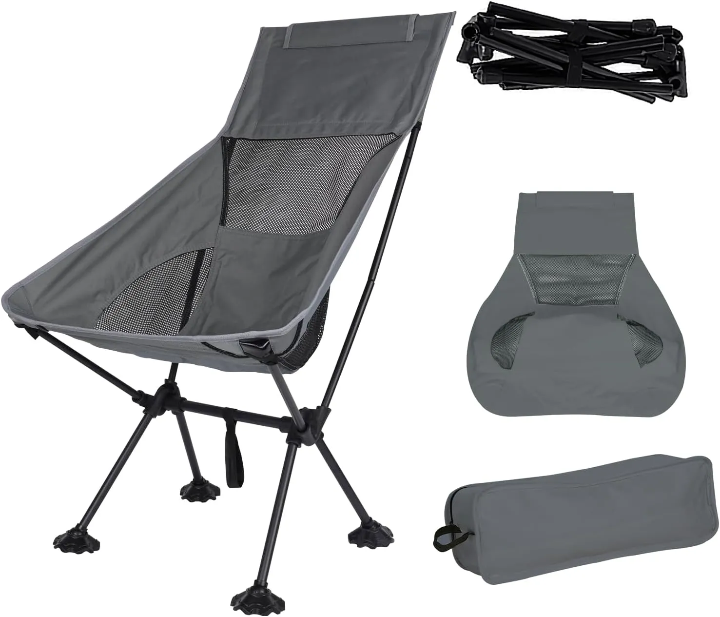 Ultralight High-Back Camping Chair - Portable Folding Backpacking Chair with Anti-sag Footmuffs, Supports up to 300 lbs, Compact and Durable for Outdoor Activities - Grey