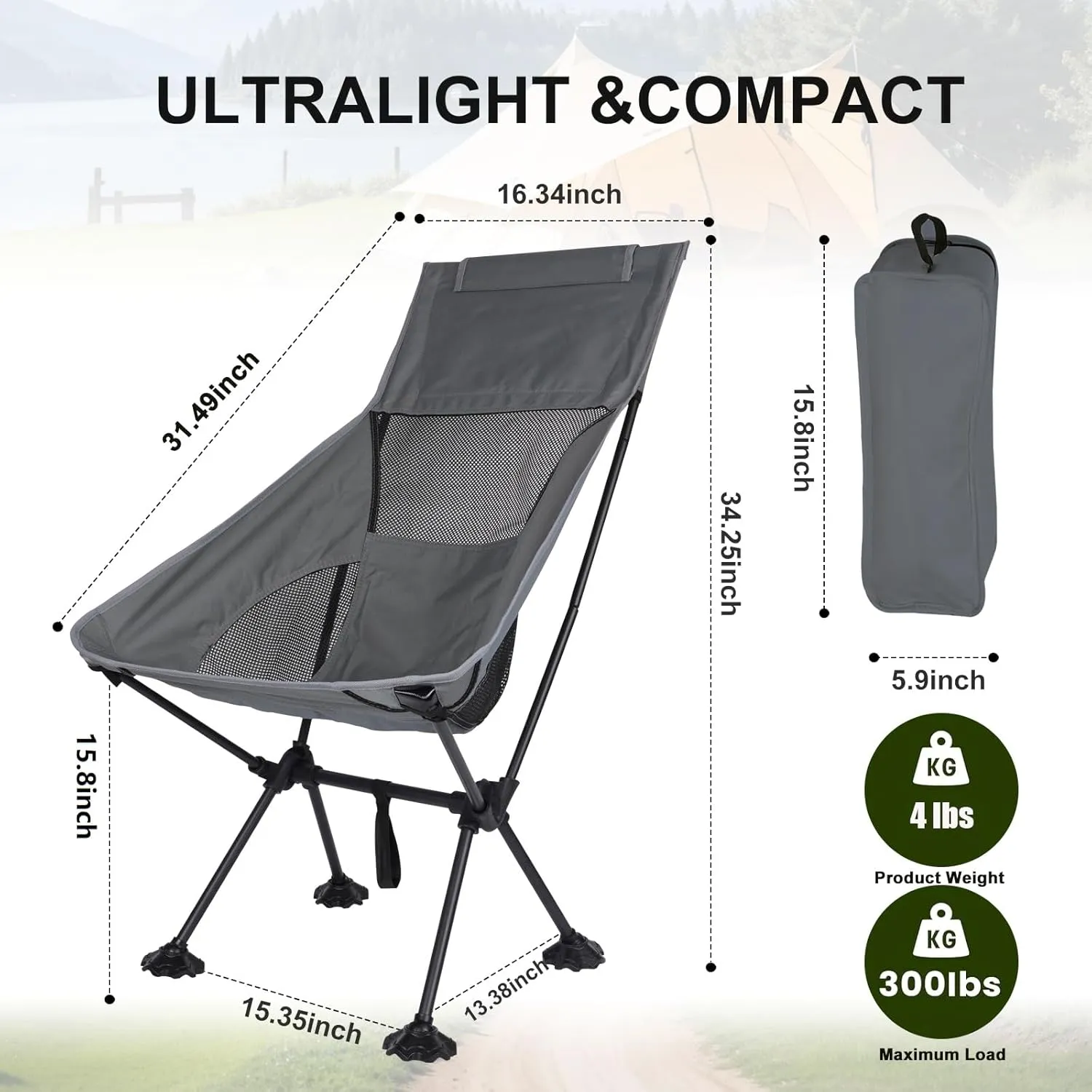 Ultralight High-Back Camping Chair - Portable Folding Backpacking Chair with Anti-sag Footmuffs, Supports up to 300 lbs, Compact and Durable for Outdoor Activities - Grey