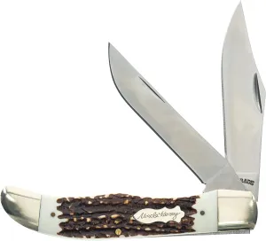 Uncle Henry 227UH Folding Pocket Knife Stainless Steel Blades, Staglon Handle, and Leather Sheath for Hunting, Camping, EDC