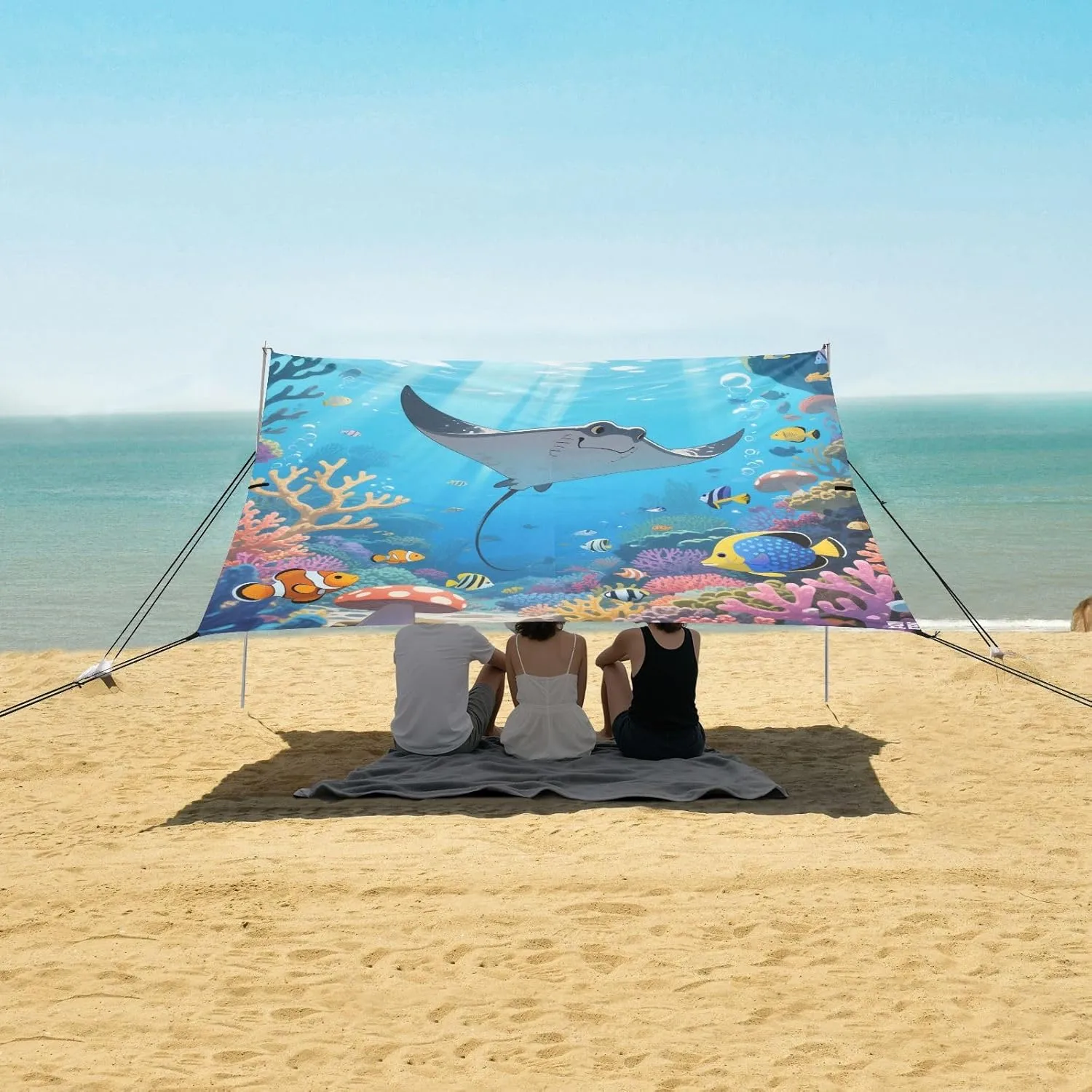 Underwater World Ray Beach Canopy Tent Anti-UV & Wind Resistant, Camping Sun Shelter Easy Setup Portable,Outdoor Shade Tents with Sandbags,Sand Shovels,Ground Pegs & Stability Poles