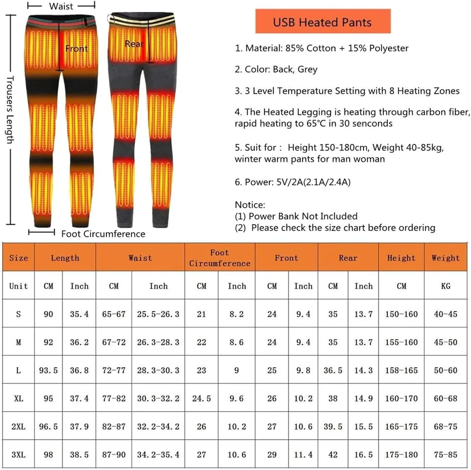 USB Heated Pants Carbon Fiber Electric Heating Trousers Slim Pants for Outdoor Camping, Fishing, Hiking, Commuting