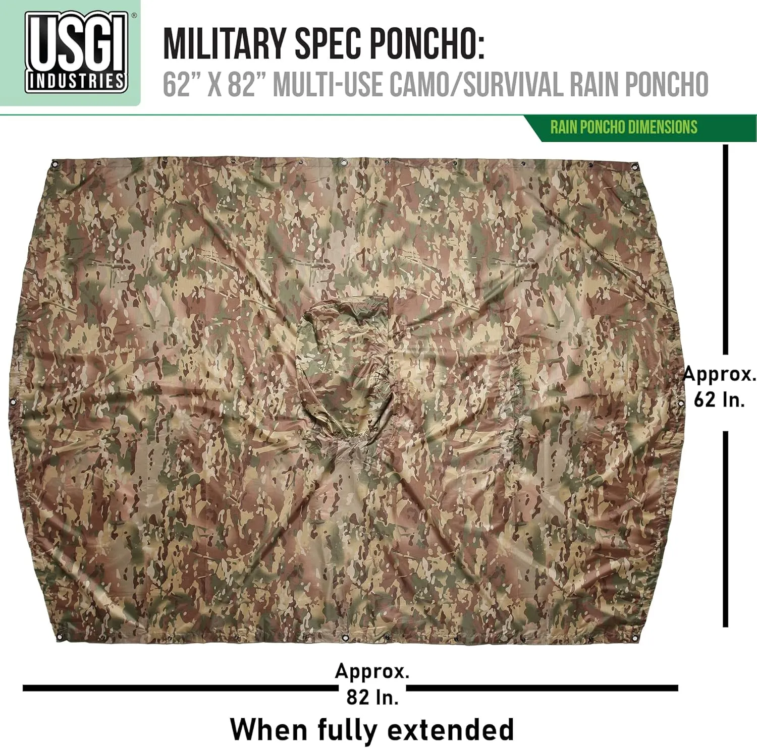USGI Industries Military Style Poncho Multi Use Rip Stop Camouflage Rain Poncho