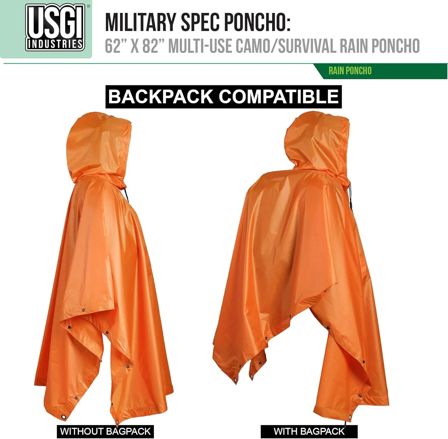USGI Industries Military Style Poncho Multi Use Rip Stop Camouflage Rain Poncho