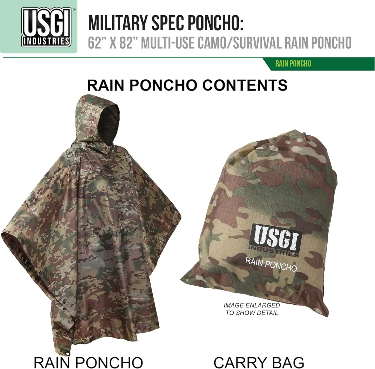 USGI Industries Military Style Poncho Multi Use Rip Stop Camouflage Rain Poncho
