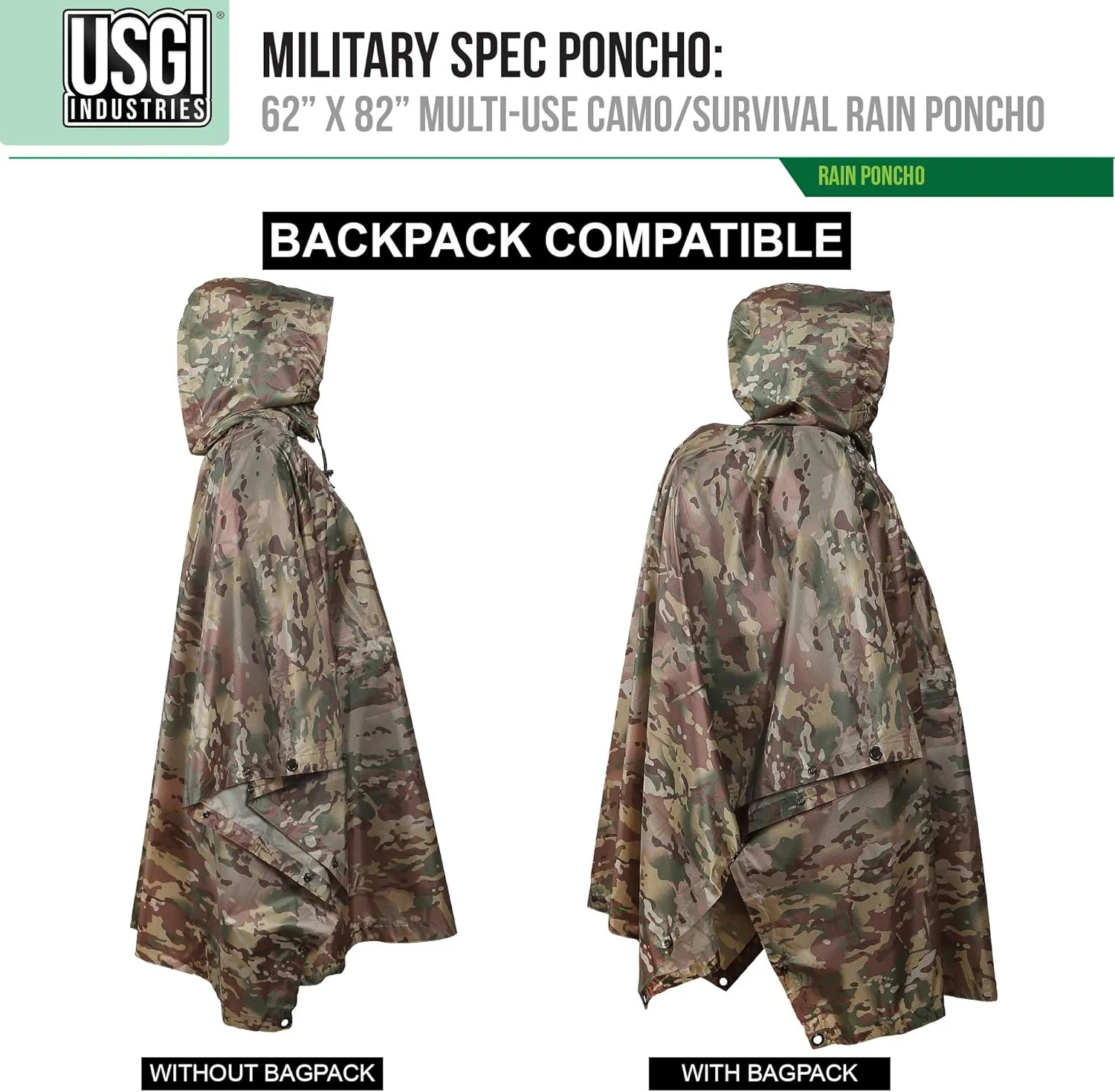 USGI Industries Military Style Poncho Multi Use Rip Stop Camouflage Rain Poncho