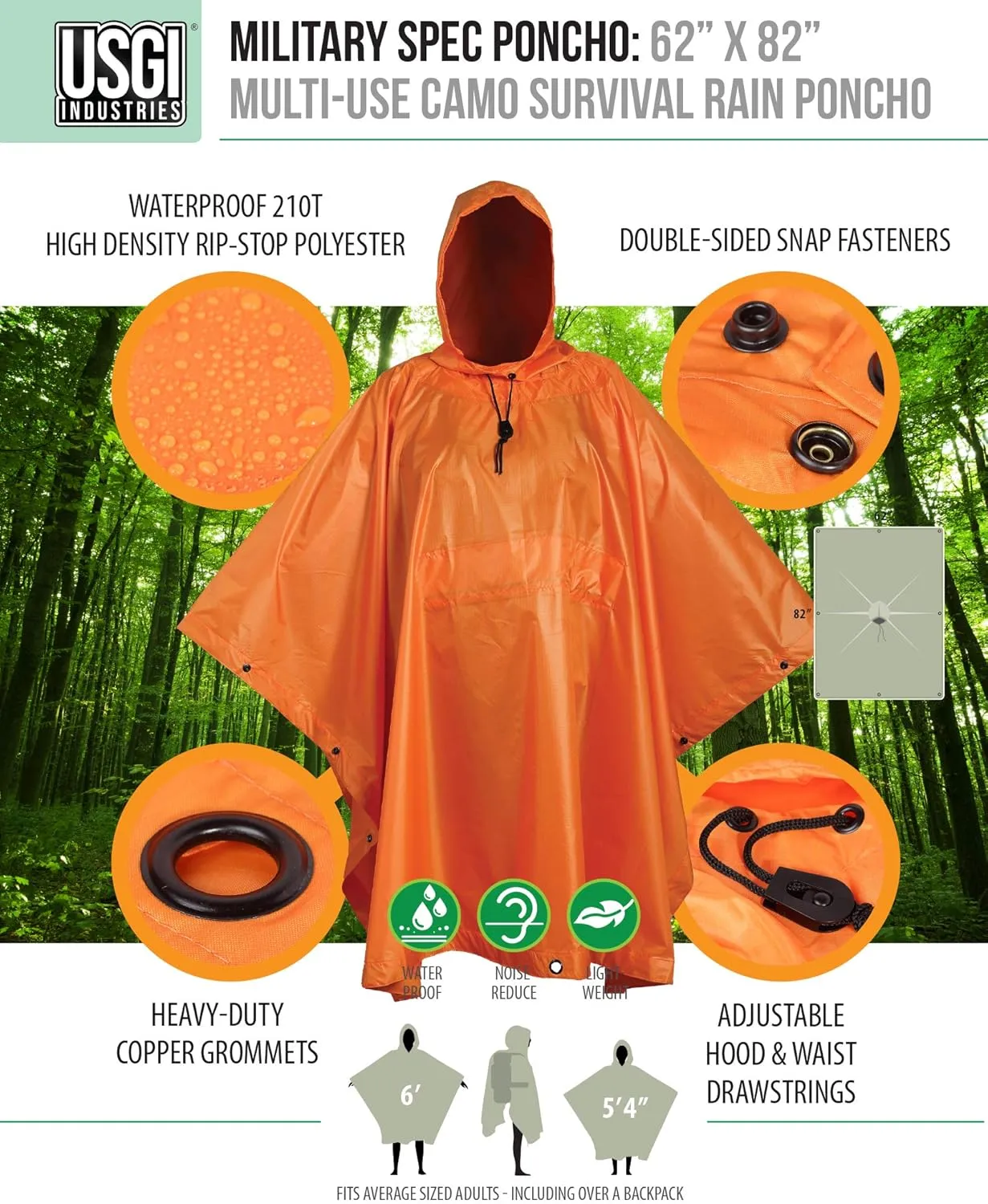 USGI Industries Military Style Poncho Multi Use Rip Stop Camouflage Rain Poncho