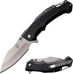 USMC - Spring Assisted Open Folding Knife - Light Stonewashed Finish Stainless Steel Blade, Liner Lock, Black Aluminum Handle w Pocket Clip - US Marines, Tactical, EDC, Self Defense - M-A1065BK