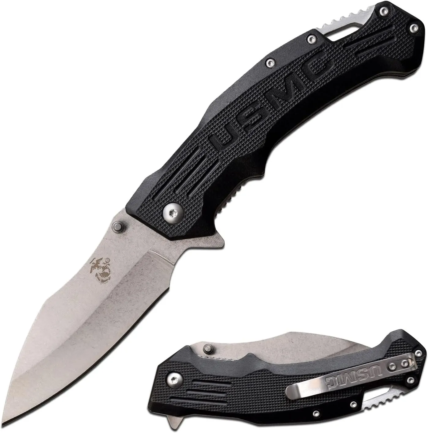 USMC - Spring Assisted Open Folding Knife - Light Stonewashed Finish Stainless Steel Blade, Liner Lock, Black Aluminum Handle w Pocket Clip - US Marines, Tactical, EDC, Self Defense - M-A1065BK