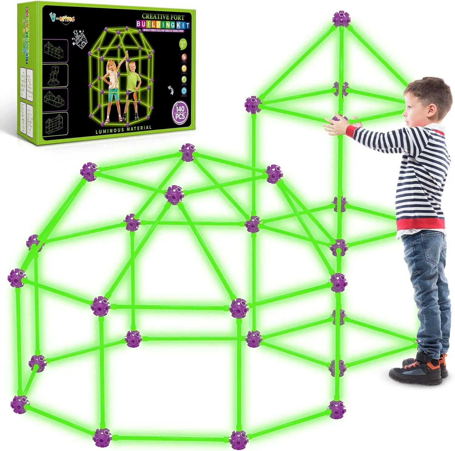 V-Opitos 140 Pack Glow in The Dart Fort Building Kits for Kids Age 4, 5, 6, 7, 8  Years Old, STEM Building Toys for DIY Castles, Tunnels, Ideal Christmas, Birthday Gifts for Boys & Girls