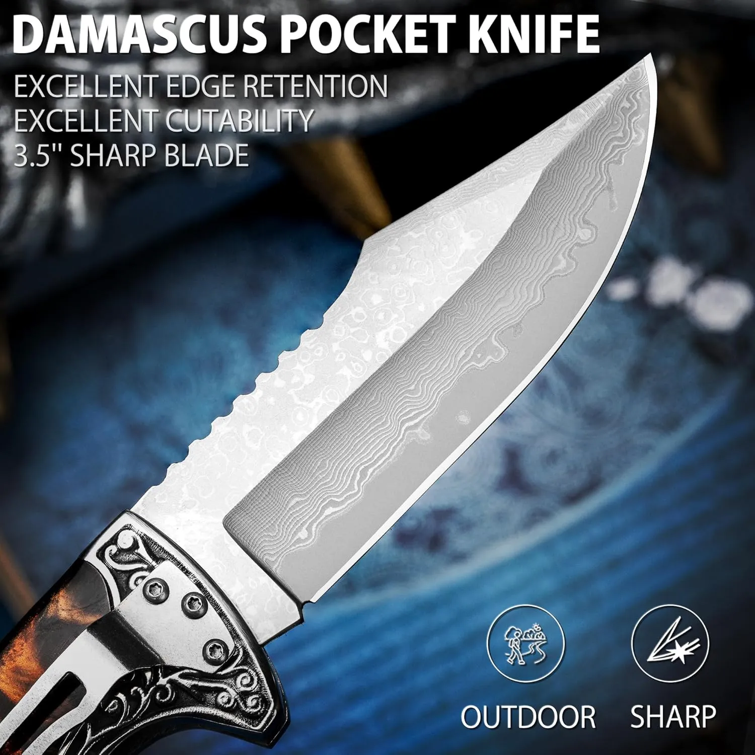 VALHALLA MAGE Damascus Pocket Knife, 3.5'' Sharp Blade Pocket Folding Knife with Back Lock, Cool EDC Pocket Knife with Clip For Men Collector