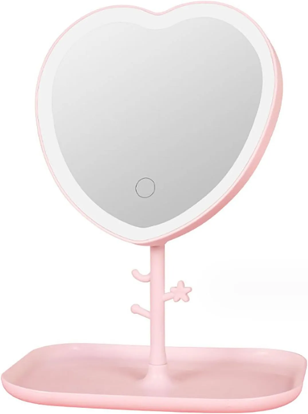 Vanity Mirror,6.7-Inch Portable Makeup Mirror with Light,Compact Heart Mirro,28 Led Lights,Touch Screen Light Up Mirror for Travel Camping,Memory Function,Pink