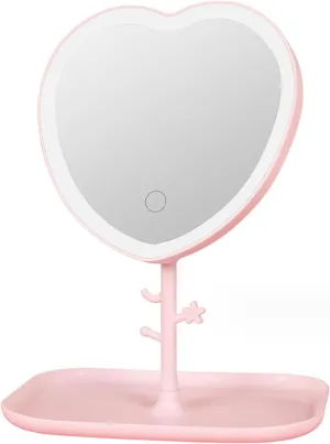 Vanity Mirror,6.7-Inch Portable Makeup Mirror with Light,Compact Heart Mirro,28 Led Lights,Touch Screen Light Up Mirror for Travel Camping,Memory Function,Pink