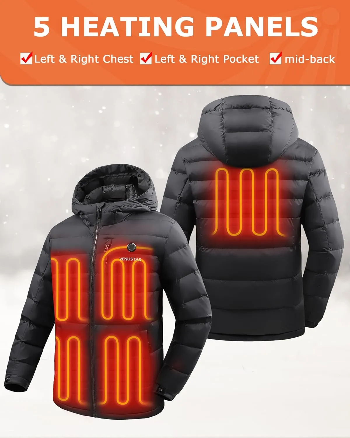 Venustas Men's Heated Down Jacket with Battery Pack, Electric Lightweight Packable Puffer Jacket, Heated Coat for Outdoors