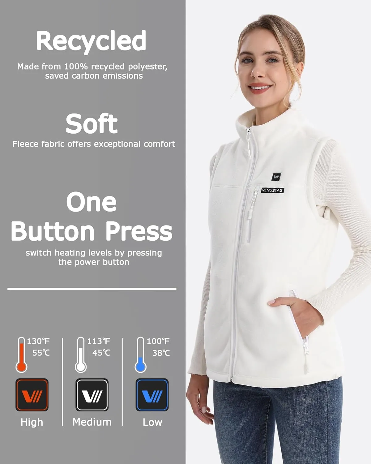 Venustas Women's Heated Fleece Vest with 6 Heating Zones, Ladies' Lightweight Recycled Fleece Electric Vest with Battery