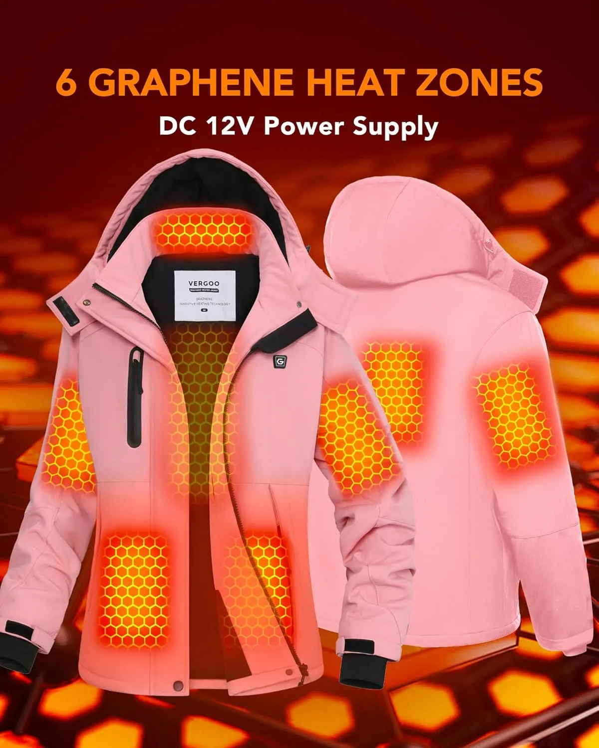 VERGOO Graphene Heated Waterproof Jackets for Women with Hood Included 18400mAh Battery Pack