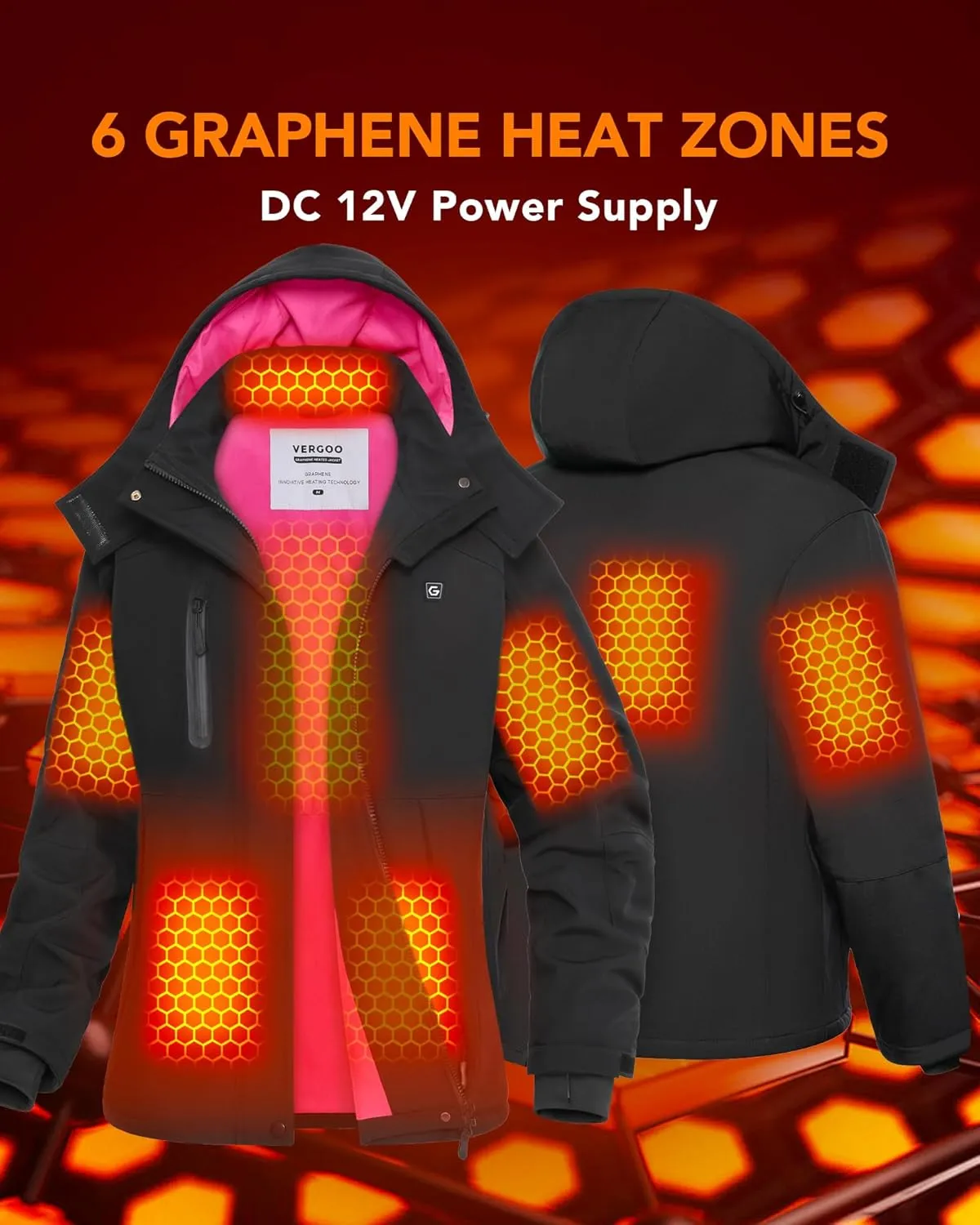 VERGOO Graphene Heated Waterproof Jackets for Women with Hood Included 18400mAh Battery Pack