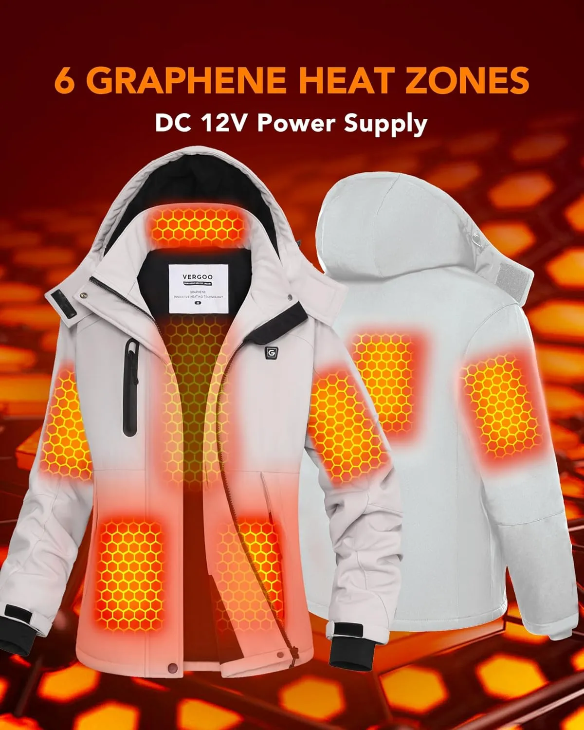 VERGOO Graphene Heated Waterproof Jackets for Women with Hood Included 18400mAh Battery Pack