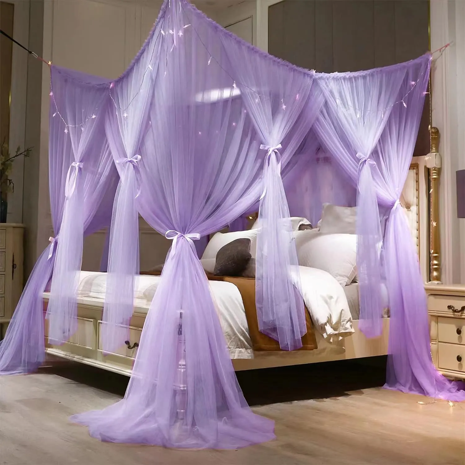VETHIN 4 Corners Post Princess Bed Canopy Curtain Double Layer Cozy Drape Netting 4 Opening Mosquito Net for Girls & Adults Bedroom Decoration Accessories (Double Purple, 78" W*86" L*82"*H/King)