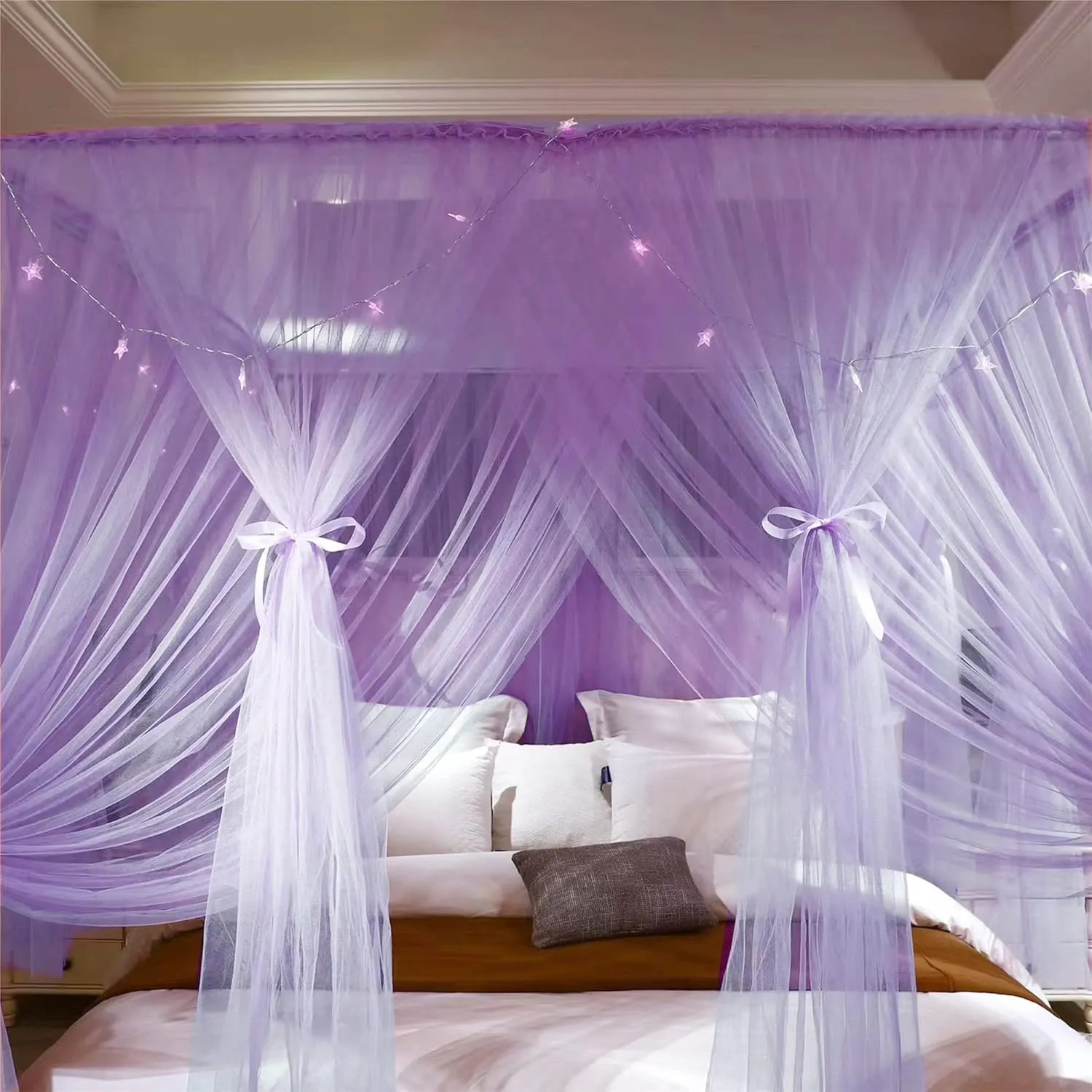 VETHIN 4 Corners Post Princess Bed Canopy Curtain Double Layer Cozy Drape Netting 4 Opening Mosquito Net for Girls & Adults Bedroom Decoration Accessories (Double Purple, 78" W*86" L*82"*H/King)
