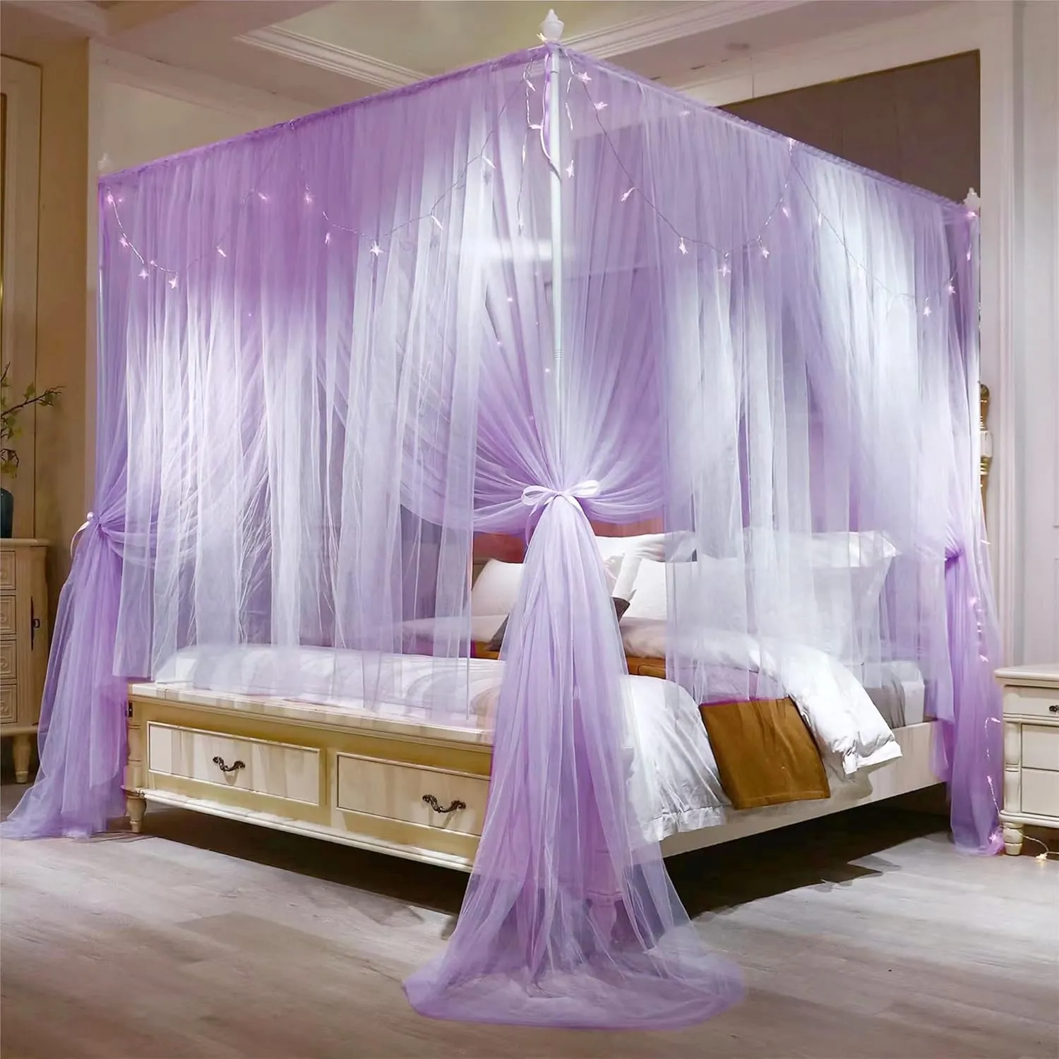 VETHIN 4 Corners Post Princess Bed Canopy Curtain Double Layer Cozy Drape Netting 4 Opening Mosquito Net for Girls & Adults Bedroom Decoration Accessories (Double Purple, 78" W*86" L*82"*H/King)