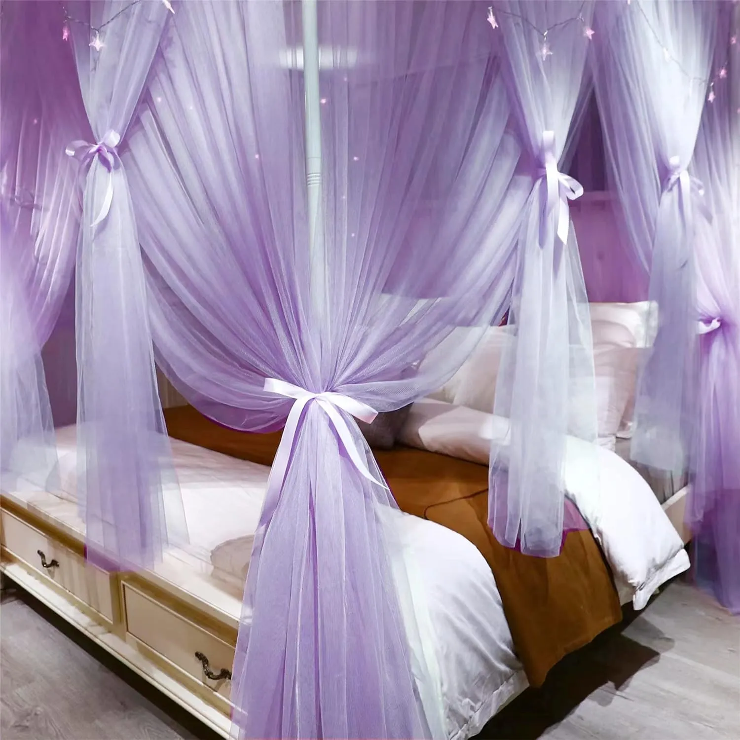 VETHIN 4 Corners Post Princess Bed Canopy Curtain Double Layer Cozy Drape Netting 4 Opening Mosquito Net for Girls & Adults Bedroom Decoration Accessories (Double Purple, 78" W*86" L*82"*H/King)