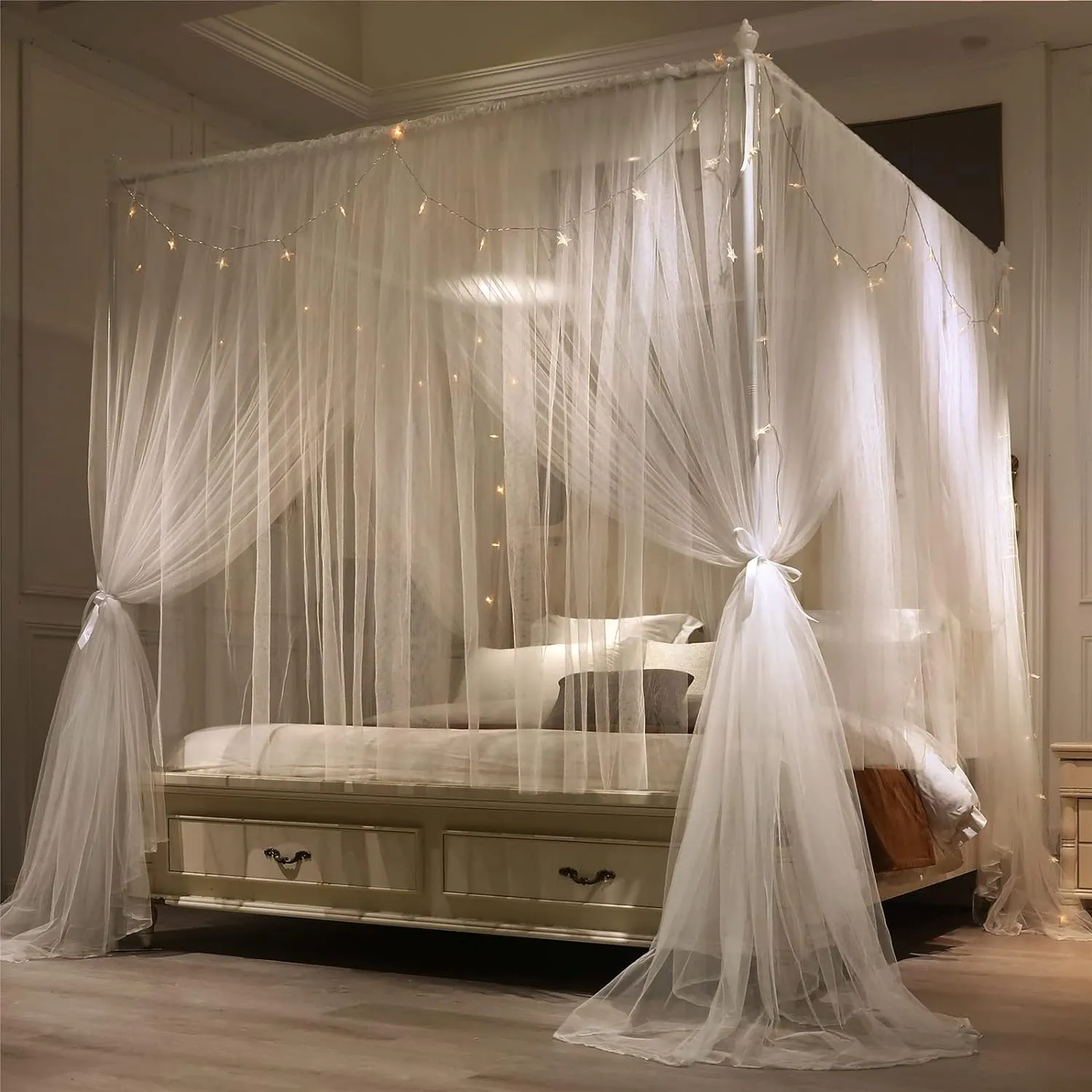 VETHIN 4 Corners Post Princess Bed Canopy Curtain Double Layer Cozy Drape Netting 4 Opening Mosquito Net for Girls & Adults Bedroom Decoration Accessories (Double White, 78" W*86" L*82"*H/(King))