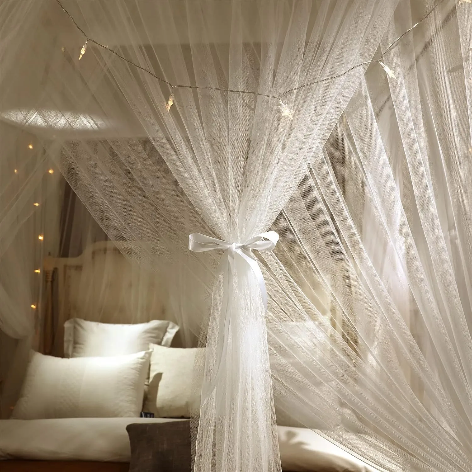 VETHIN 4 Corners Post Princess Bed Canopy Curtain Double Layer Cozy Drape Netting 4 Opening Mosquito Net for Girls & Adults Bedroom Decoration Accessories (Double White, 78" W*86" L*82"*H/(King))