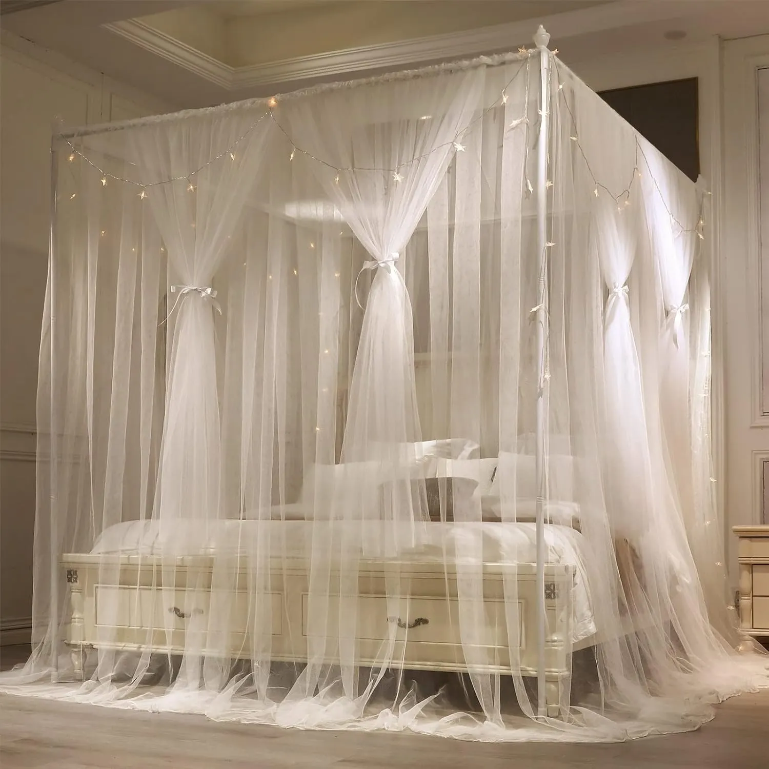 VETHIN 4 Corners Post Princess Bed Canopy Curtain Double Layer Cozy Drape Netting 4 Opening Mosquito Net for Girls & Adults Bedroom Decoration Accessories (Double White, 78" W*86" L*82"*H/(King))