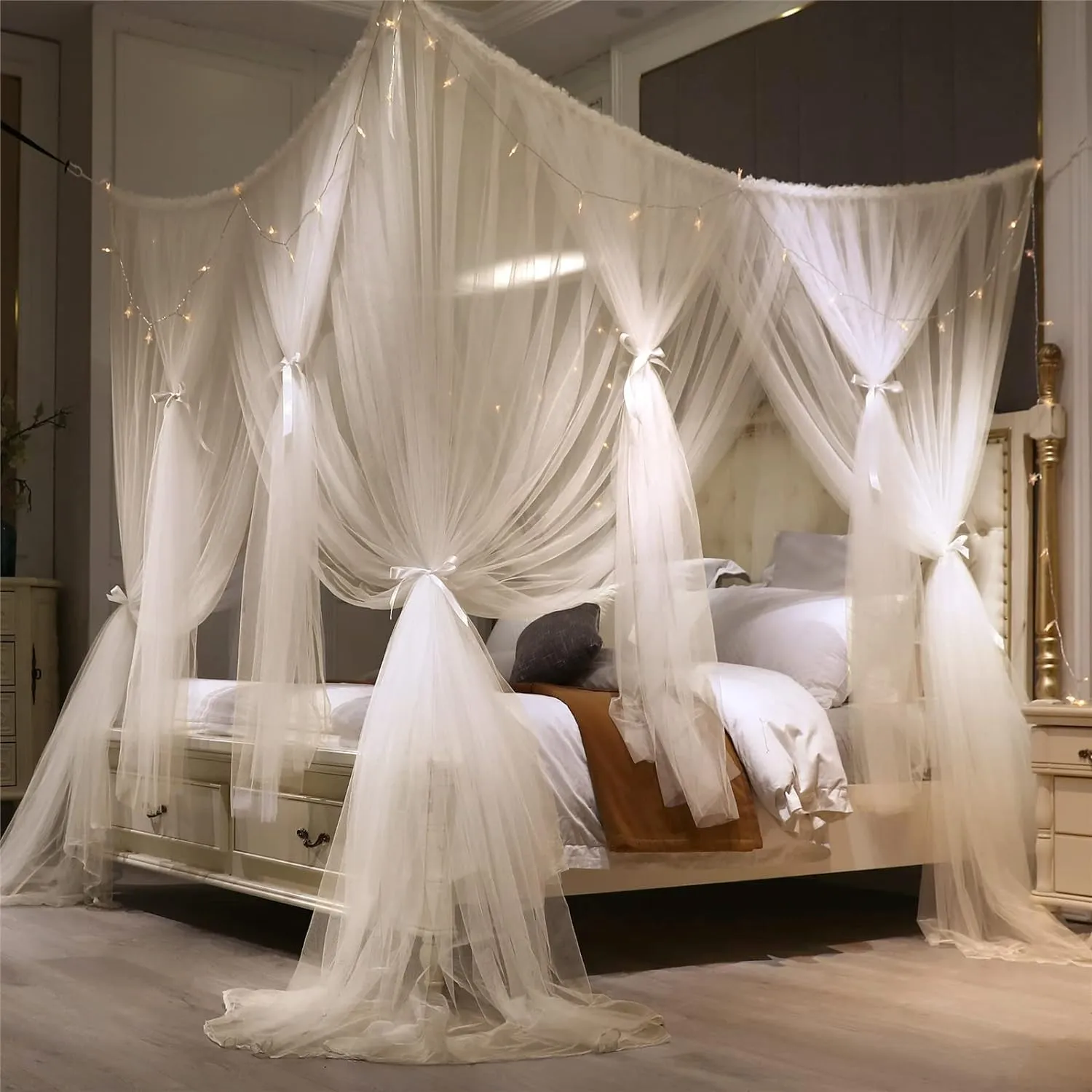 VETHIN 4 Corners Post Princess Bed Canopy Curtain Double Layer Cozy Drape Netting 4 Opening Mosquito Net for Girls & Adults Bedroom Decoration Accessories (Double White, 78" W*86" L*82"*H/(King))