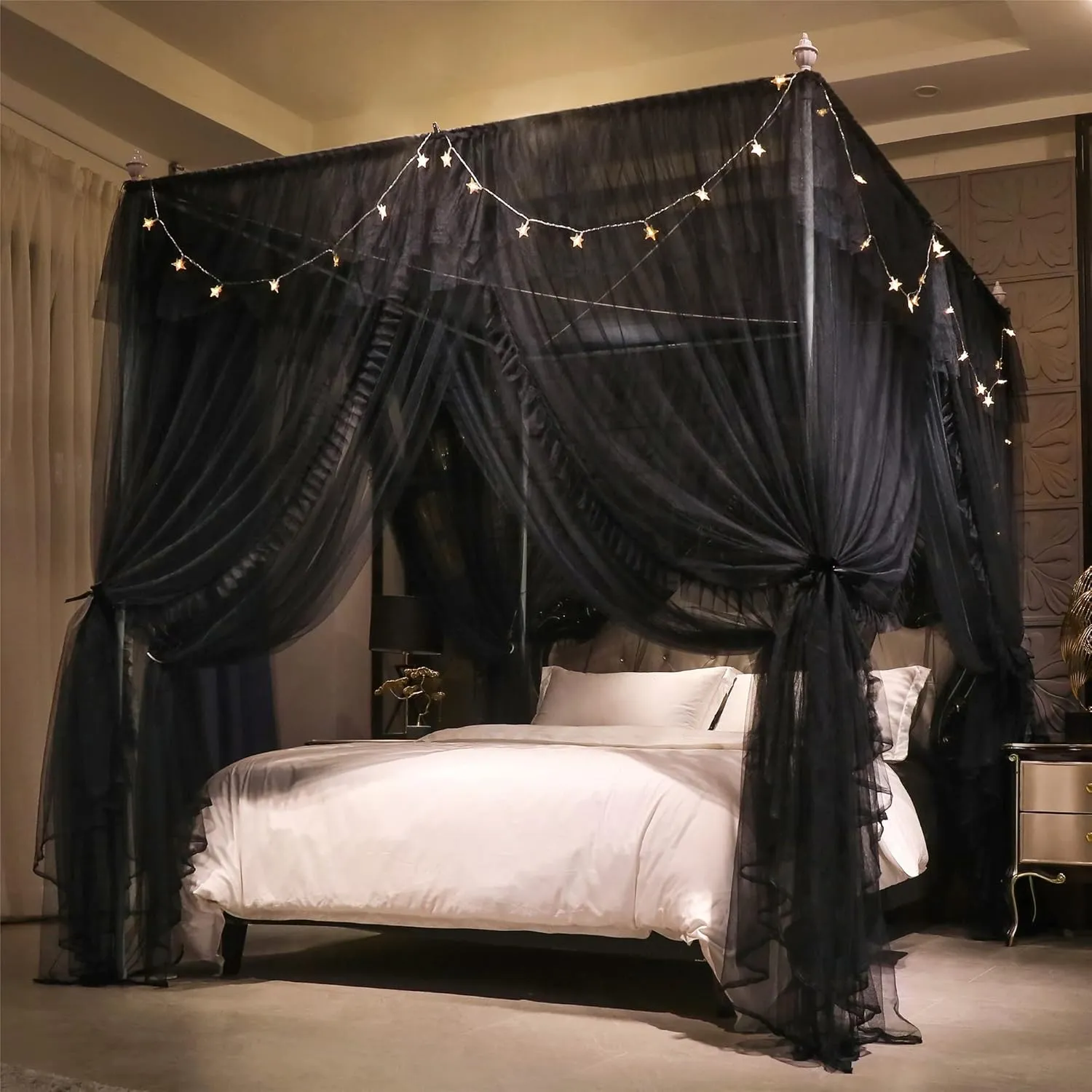 VETHIN 4 Corners Post Ruffle Princess Bed Canopy Curtain-Double Layer Cozy Drape Netting 4 Opening Mosquito Net for Girls Adults Bedroom Decoration (Double-Black,59" W*82" L*82"*H/Queen)