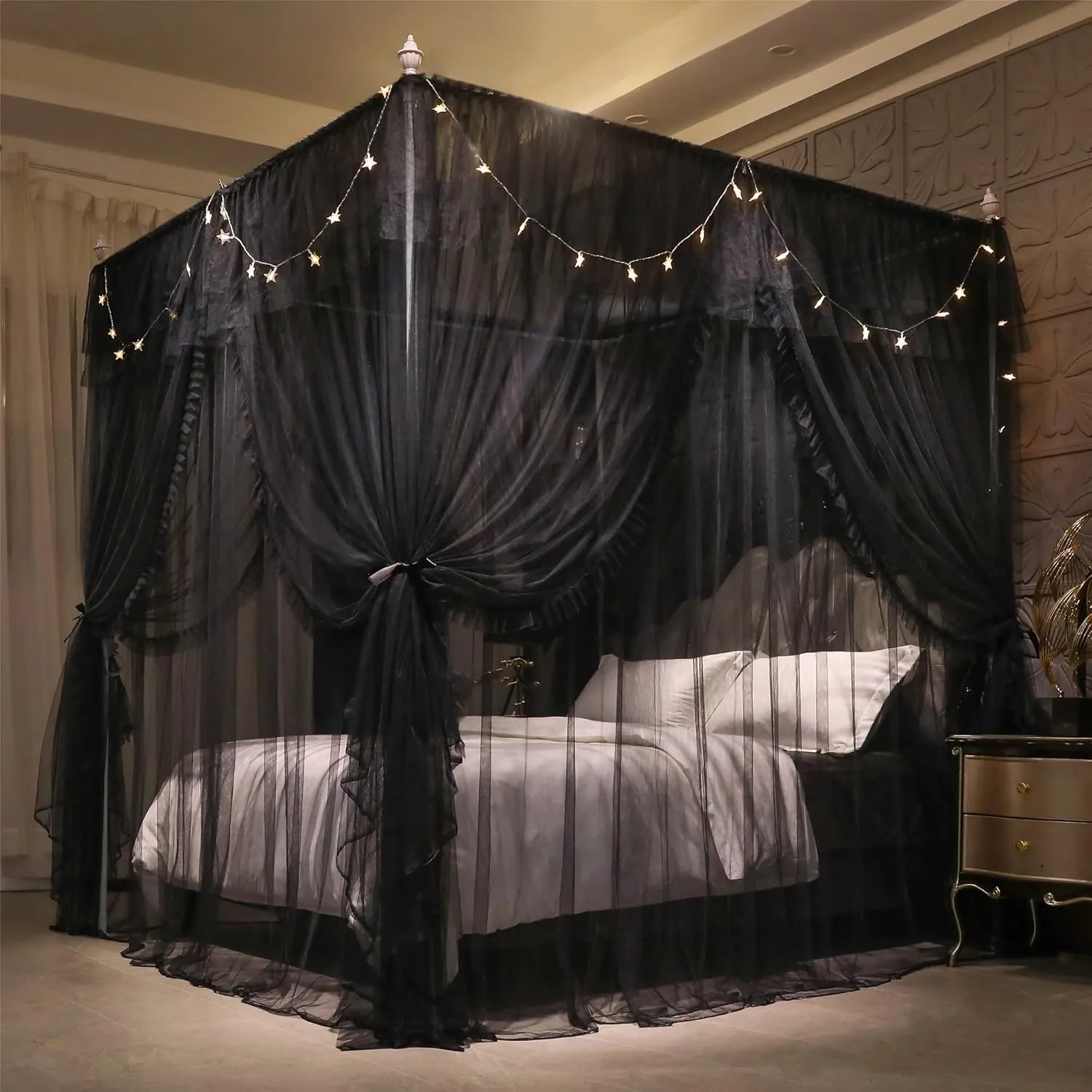 VETHIN 4 Corners Post Ruffle Princess Bed Canopy Curtain-Double Layer Cozy Drape Netting 4 Opening Mosquito Net for Girls Adults Bedroom Decoration (Double-Black,59" W*82" L*82"*H/Queen)