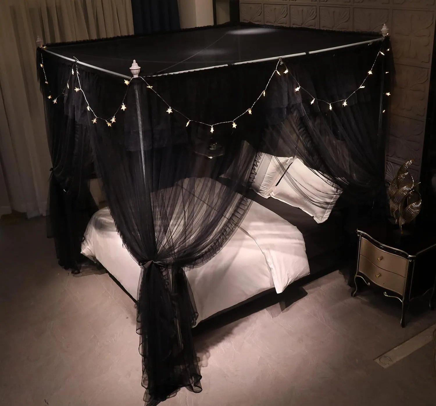 VETHIN 4 Corners Post Ruffle Princess Bed Canopy Curtain-Double Layer Cozy Drape Netting 4 Opening Mosquito Net for Girls Adults Bedroom Decoration (Double-Black,59" W*82" L*82"*H/Queen)
