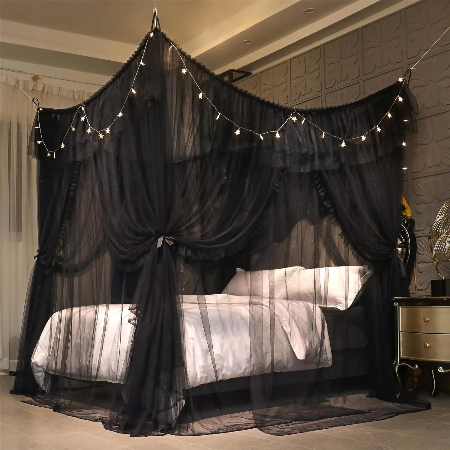 VETHIN 4 Corners Post Ruffle Princess Bed Canopy Curtain-Double Layer Cozy Drape Netting 4 Opening Mosquito Net for Girls Adults Bedroom Decoration (Double-Black,59" W*82" L*82"*H/Queen)