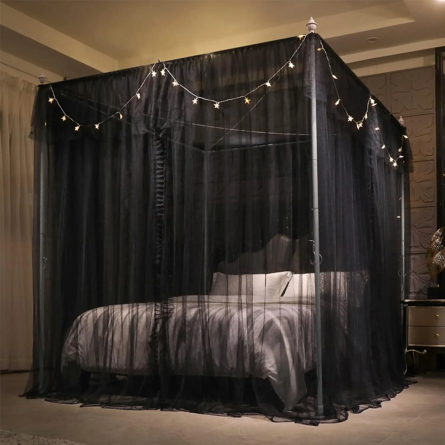 VETHIN 4 Corners Post Ruffle Princess Bed Canopy Curtain-Double Layer Cozy Drape Netting 4 Opening Mosquito Net for Girls Adults Bedroom Decoration (Double-Black,59" W*82" L*82"*H/Queen)