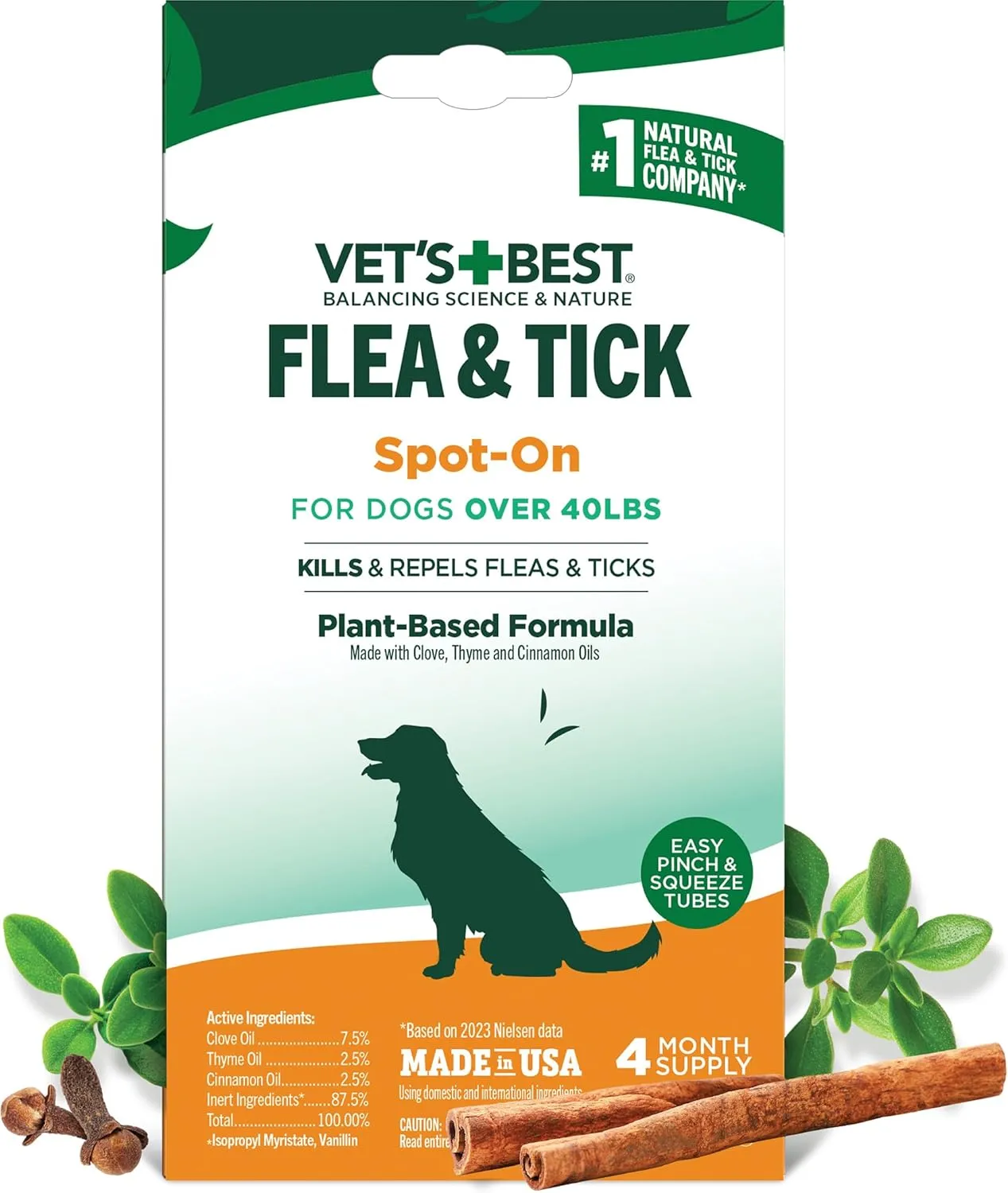 Vet's Best Flea and Tick Spot-on Drops, Topical Flea and Tick Prevention for Dogs - Plant-Based Formula - Certified Natural Oils - for Large Dogs - 4 Month Supply