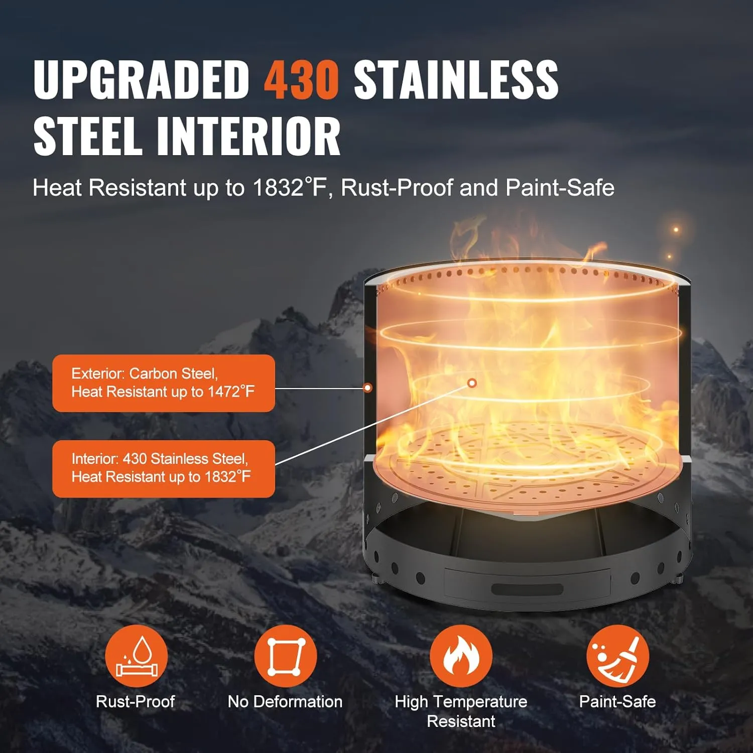 VEVOR 15 inch Smokeless Fire Pit Stove Bonfire, Wood Burning Fireplaces with Removable Ash Pan, SUS430 Stainless Steel Inner Portable Outdoor Firepit, Ideal for Outdoor Patio Camping High 12.6 inch