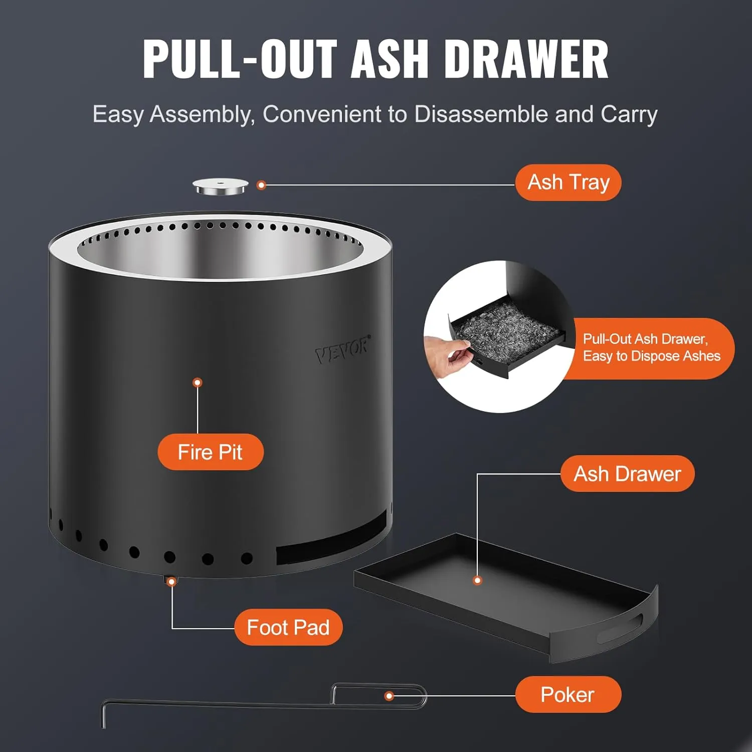 VEVOR 15 inch Smokeless Fire Pit Stove Bonfire, Wood Burning Fireplaces with Removable Ash Pan, SUS430 Stainless Steel Inner Portable Outdoor Firepit, Ideal for Outdoor Patio Camping High 12.6 inch