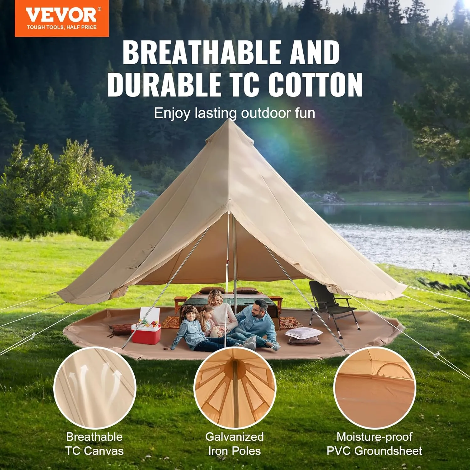 VEVOR 4 Season Canvas Bell Tent, 100 sq ft, 7 ft Peak Height, 6 Person, Free Standing, Zipper Closure, Compact Style, Camping & Hiking, Family Camping, Cold-Weather, Outdoor Activities