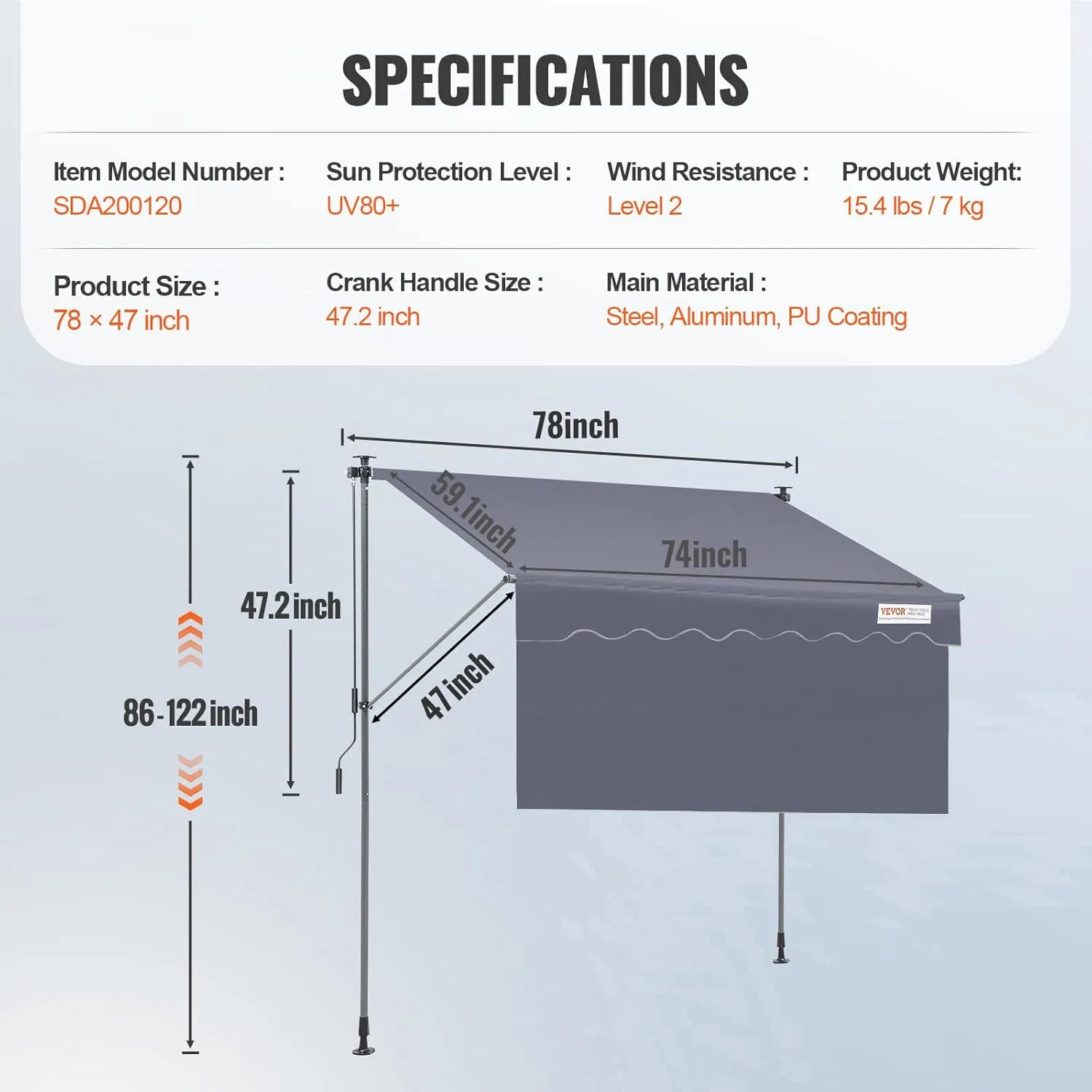VEVOR Manual Retractable Awning, 78" Outdoor Retractable Patio Awning Sunshade Shelter, Adjustable Patio Door Window Awning Canopy with 39" Sun Shade Curtain for Backyard, Garden, Balcony