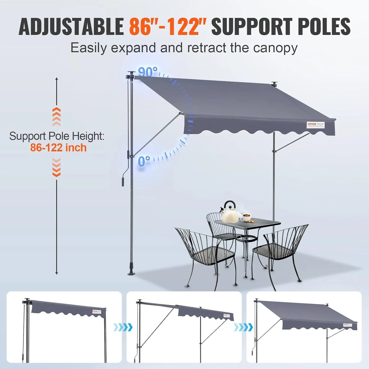 VEVOR Manual Retractable Awning, 78" Outdoor Retractable Patio Awning Sunshade Shelter, Adjustable Patio Door Window Awning Canopy with 39" Sun Shade Curtain for Backyard, Garden, Balcony