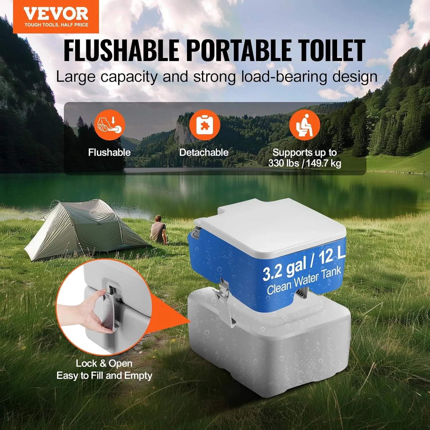 VEVOR Portable Toilet for Camping, RV Toilet with Carry Bag, 5.3 Gal Waste Tank & 3.2 Gal Flush Tank, Push-Button Pressurized Flush Commode, Leak-proof and Odourless Travel Toilet for Camping Car