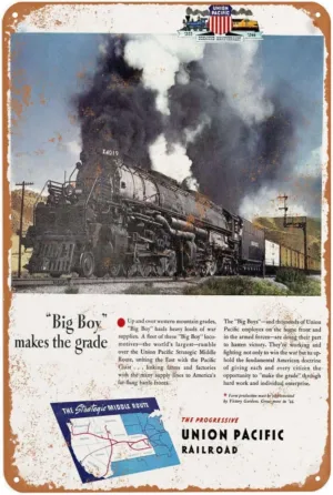 Vintage Metal Sign, Union Pacific Big Boy Steam Locomotive Tin Signs, Versatile Plaque Decor Poster for Home Man Women Bar Home Man Cave Accessories Garage Backyard Bedroom Wall Gift 8 x 12 Inch