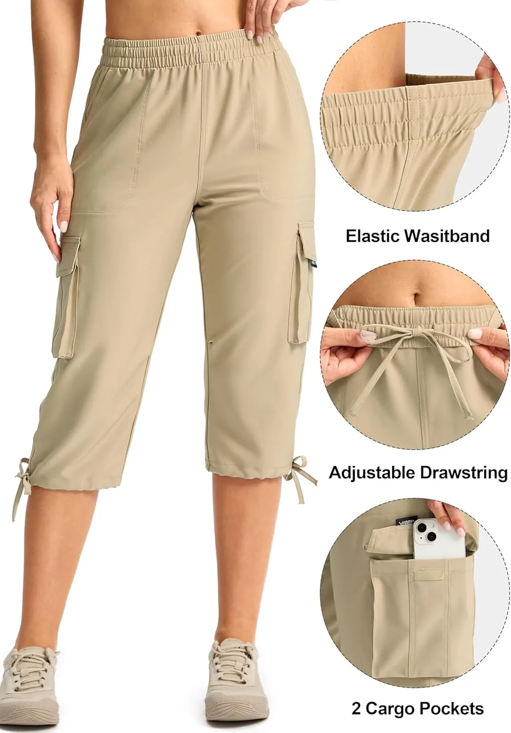 Viodia Cargo Capris for Women Lightweight Hiking Pants Stretch Elastic Waist Capri with Pockets for Summer Travel